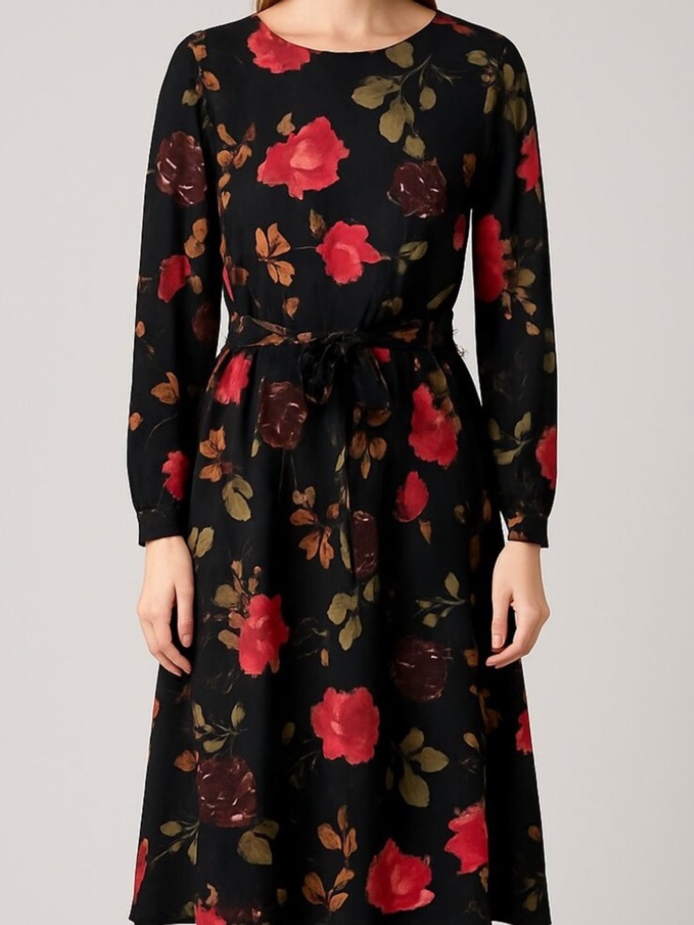 eShakti Black Floral‎ Long Sleeve Belted Dress
